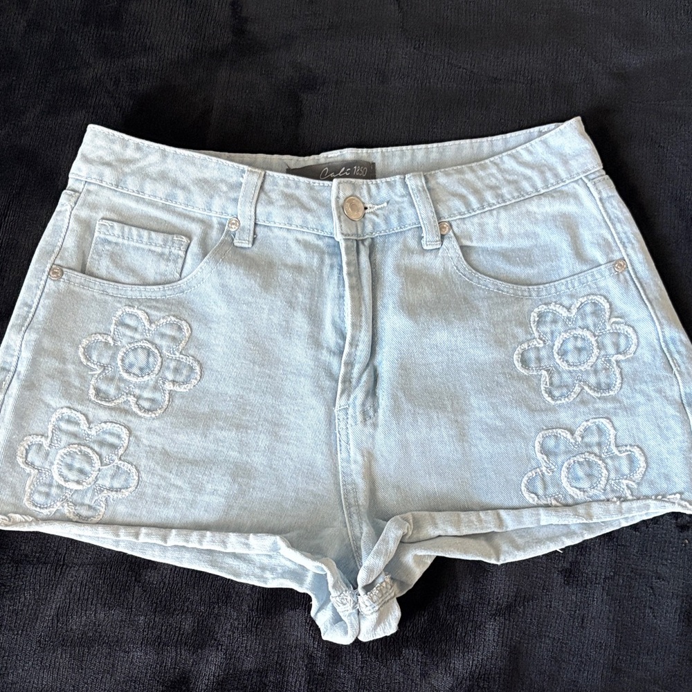 Chic Light Blue Floral Embroidered Jean Shorts